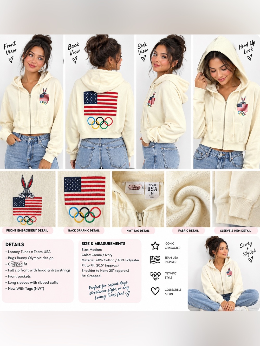 NWT Looney Tunes x Team USA Bugs Bunny Olympic Cropped Zip Hoodie Medium